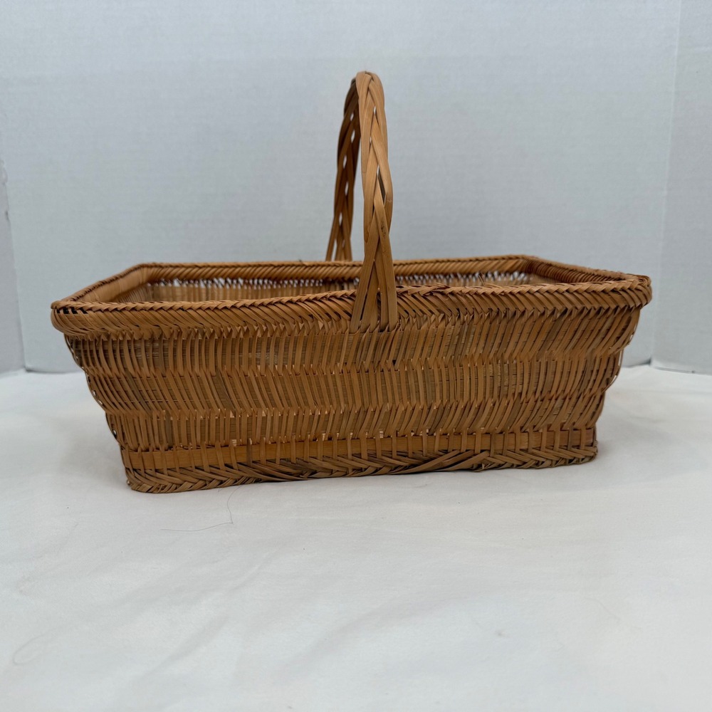 Vintage Handwoven Wicker Basket Rectangular Bamboo Reed with Handle Brown